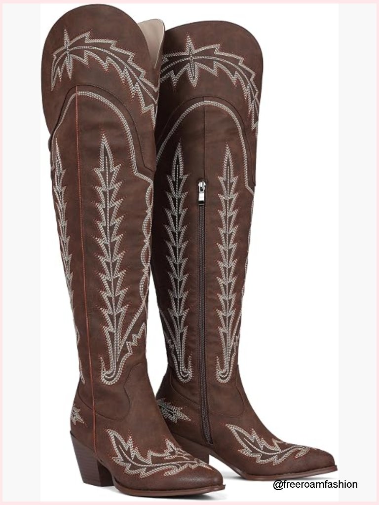 Thigh High Cowboy Boots Embroidered Knee High Chunky Heel Side Zip